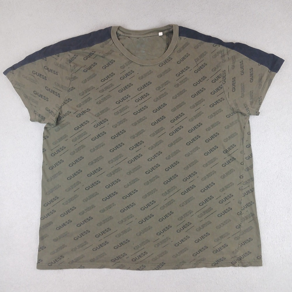 Guess T-Shirt Mens XL All Over Logo Print Short Sleeve Olive Green Black